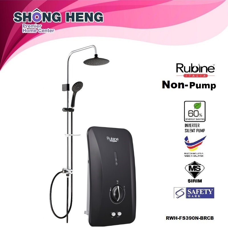 Rubine RWH-FS390N-BRCB Flusso Water Heater without Pump(Non-Pump) Hand  Shower with Rain Shower
