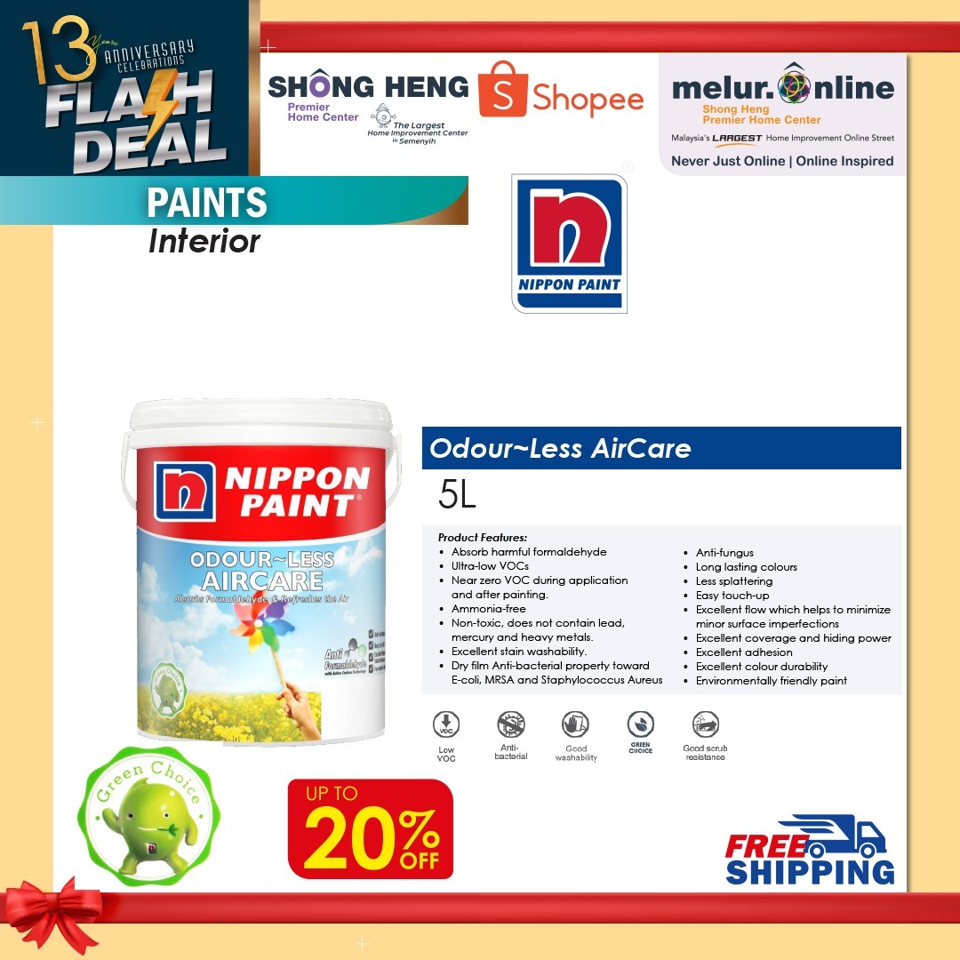 5 Litres Nippon Paint Interior Wall [Odourless AirCare] Color Option