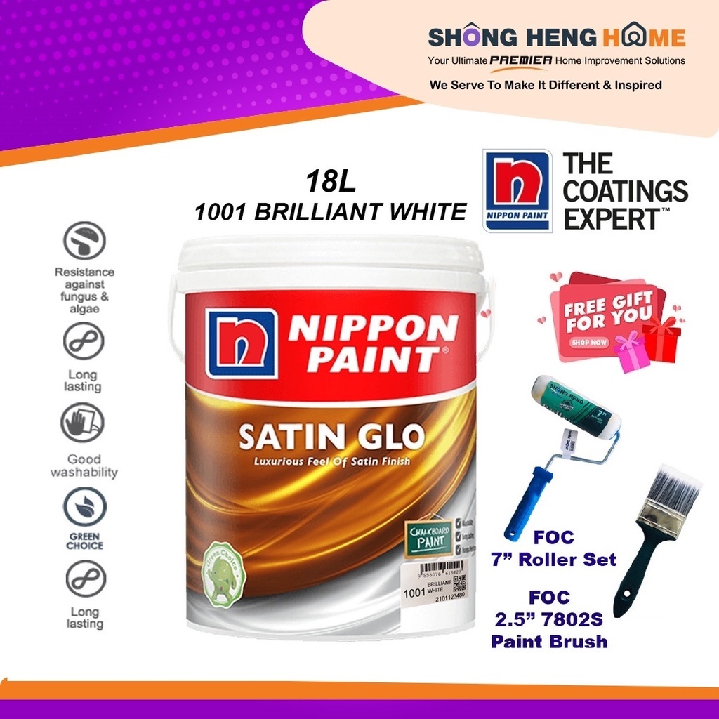 18L Nippon Paint Satin Glo 1001 Brilliant White 18L + Freegift