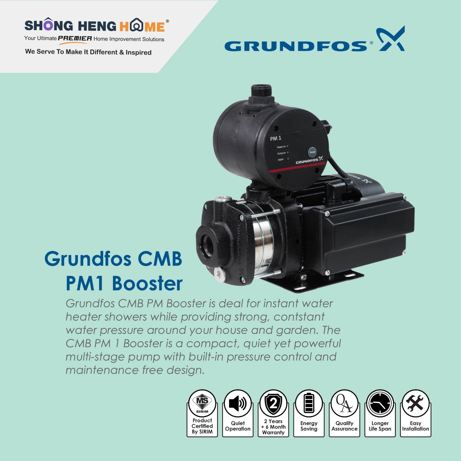 Grundfos CMB546PM1 Home Water Pressure Booster Pump (1.5HP)[58 Shower]