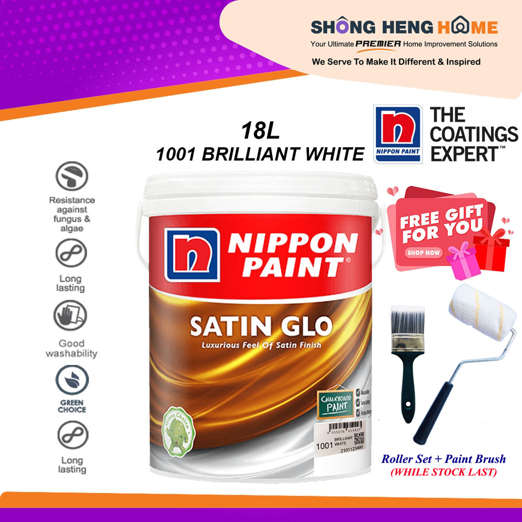 18L Nippon Paint Satin Glo 1001 Brilliant White 18L + Freegift